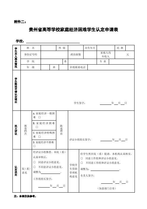 贵州省高校家庭经济困难学生认定申请表