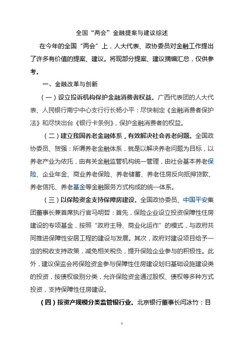 全国“两会”金融提案与建议综述
