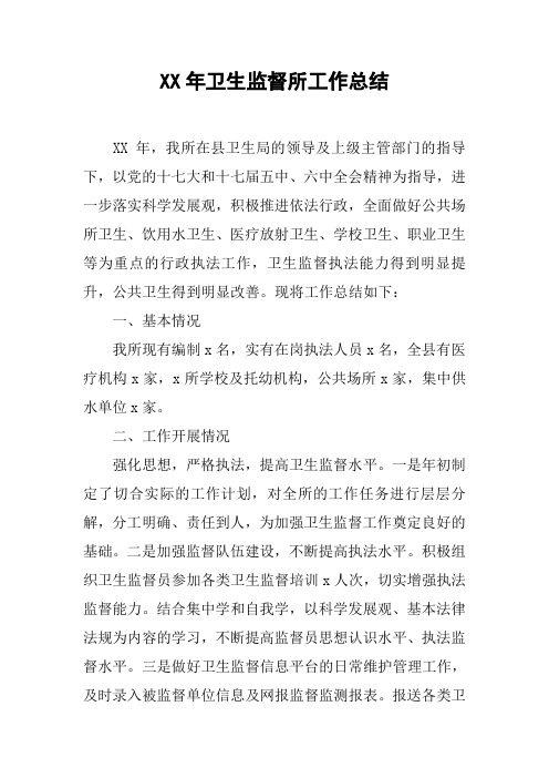 XX年卫生监督所工作总结