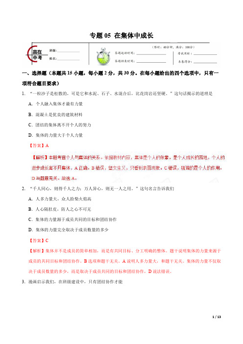 专题05 在集体中成长-2019年中考道德与法治冲刺专题卷(解析版)