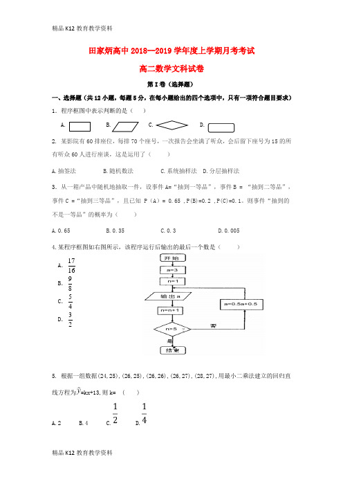 【配套K12】[学习]吉林省辽源市田家炳高级中学2018-2019学年高二数学9月月考试题 文
