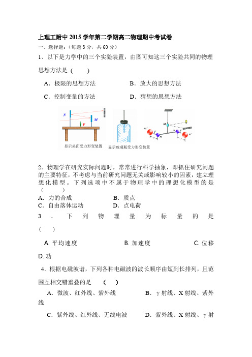 上海理工大学附中2015-2016学年高二物理下册期中考试题