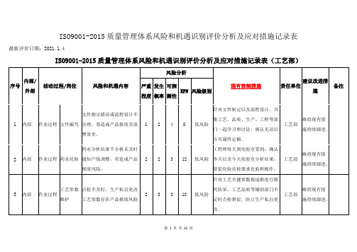 ISO9001-2015质量管理体系风险和机遇识别评价分析及应对措施记录表