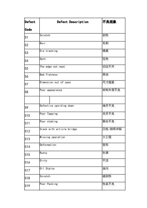 不良品项目定义中英文对照版