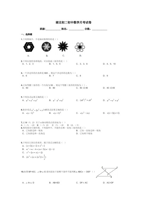 湖北初二初中数学月考试卷带答案解析
