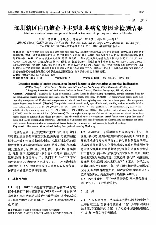 深圳辖区内电镀企业主要职业病危害因素检测结果