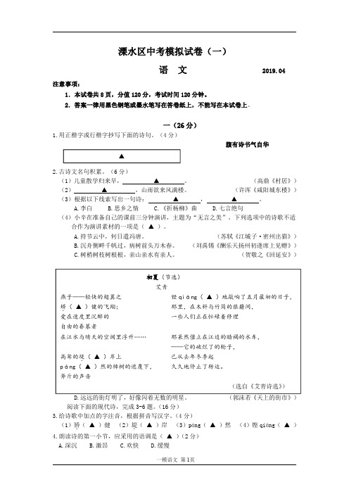 (溧水语文)溧水区2019年中考一模语文试题及答案