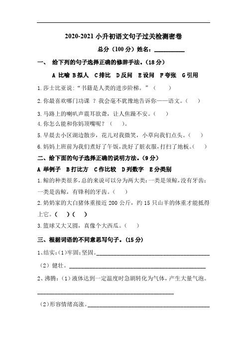 2020-2021学年小升初语文句子过关检测密卷-人教统编版 (含答案)