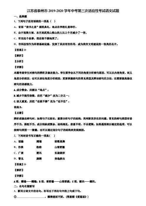 江苏省泰州市2019-2020学年中考第三次适应性考试语文试题含解析