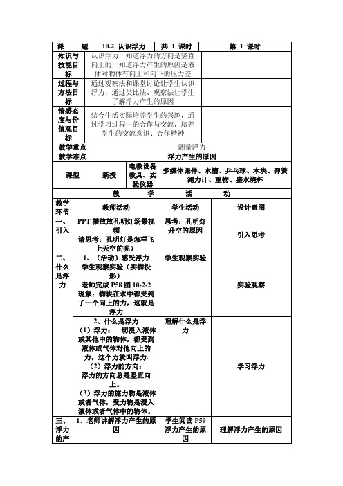 教科版八年级物理教案：10.2 认识浮力