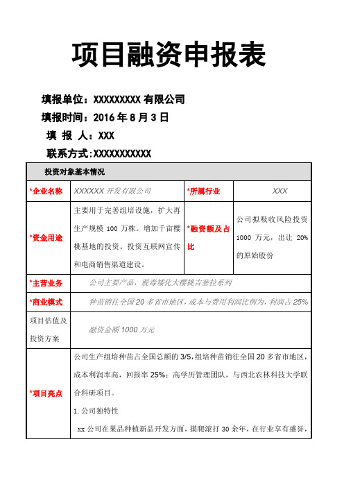 项目融资申请表填写标准版模板