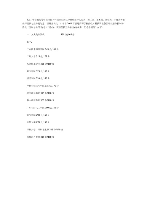 2011年普通高等学校招收本科插班生录取分数线按分文史类