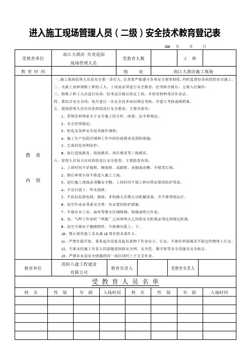 进入施工现场工人(二级)安全技术教育登记表