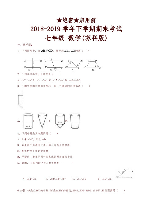(苏科版)2018-2019学年七年级数学下学期期末考试试卷(含答案)-名师版
