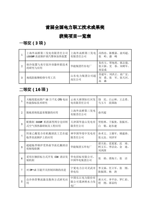 首届全国电力职工技术成果奖获奖项目一览表
