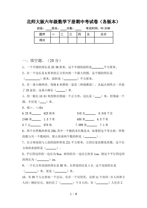 北师大版六年级数学下册期中考试卷(各版本)