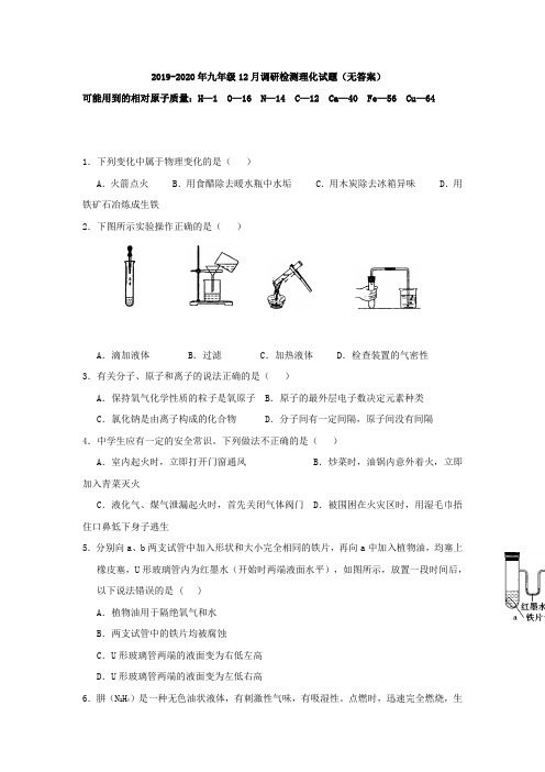 2019-2020年九年级12月调研检测理化试题(无答案)