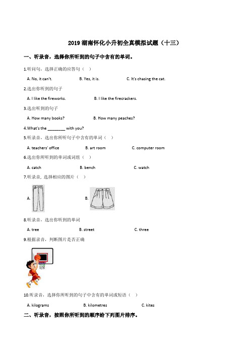 六年级下册英语试题--2019湖南怀化小升初全真模拟试题十三人教PEP 含答案