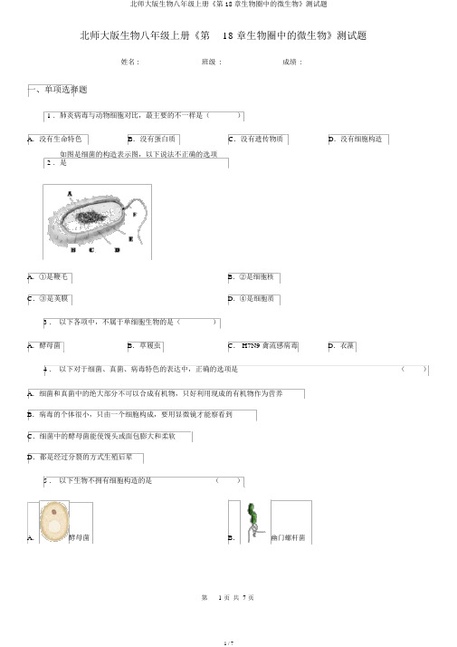 北师大版生物八年级上册《第18章生物圈中微生物》测试题