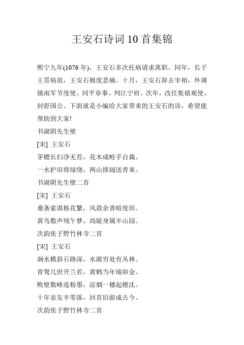 王安石诗词10首集锦