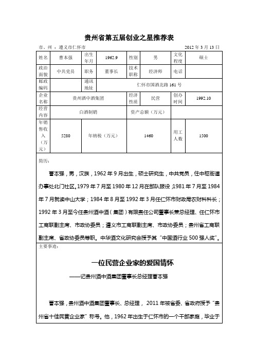 贵州省第五届创业之星推荐表