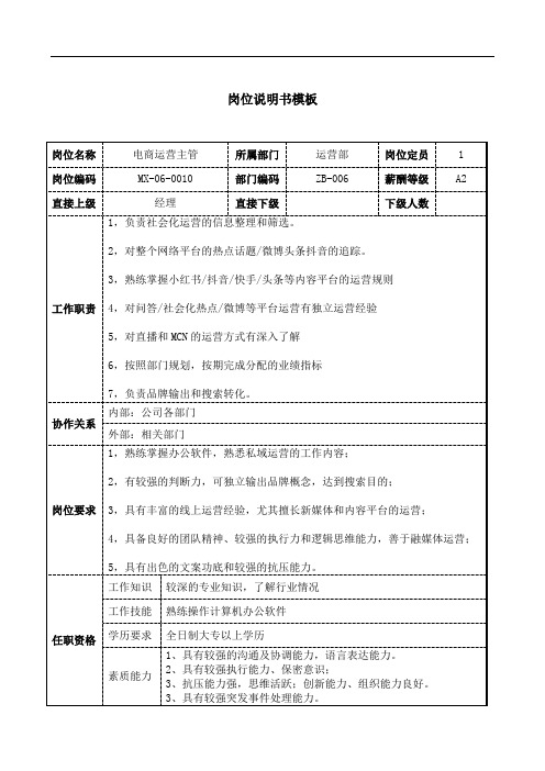 电商运营主管岗位说明书工作说明书模板