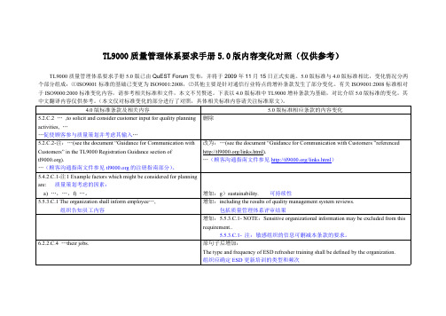 TL9000质量管理体系要求手册5.0版内容变化对照(仅供参考)