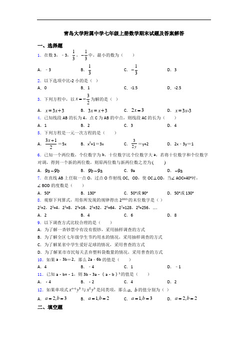 青岛大学附属中学七年级上册数学期末试题及答案解答