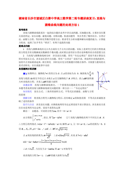 湖南省长沙市望城区白箬中学高三数学第二轮专题讲座复习 直线与圆锥曲线问题的处理方法(1)