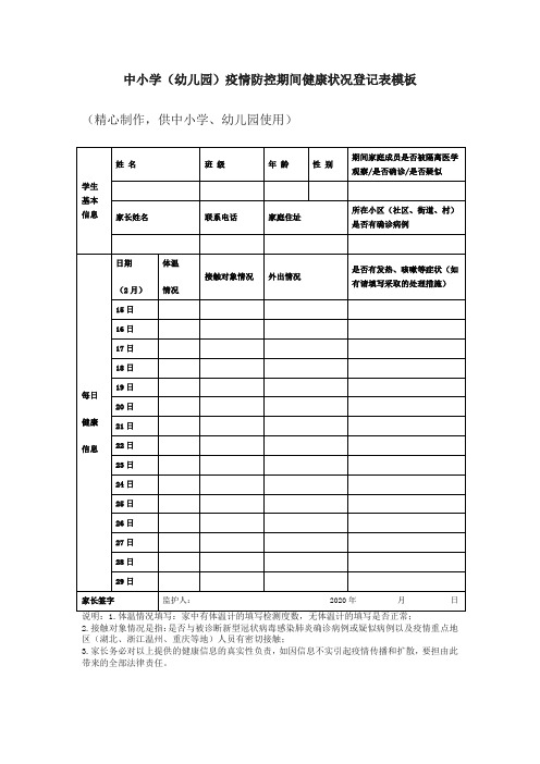 中小学(幼儿园)疫情防控期间健康状况登记表模板