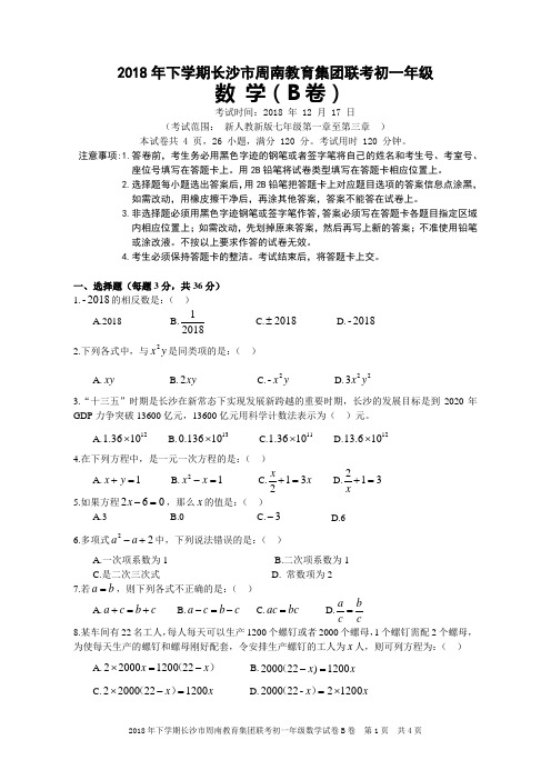 2018年下周南集团联考初一数学试卷B卷