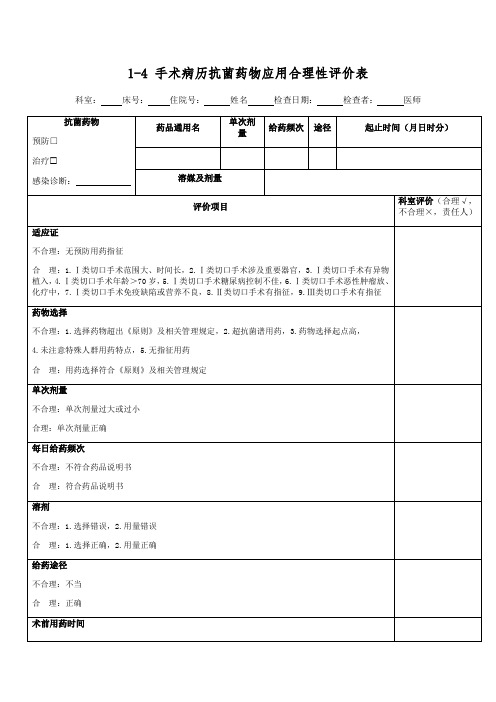 手术病历抗菌药物应用合理性评价表