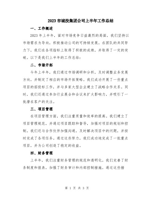2023市城投集团公司上半年工作总结