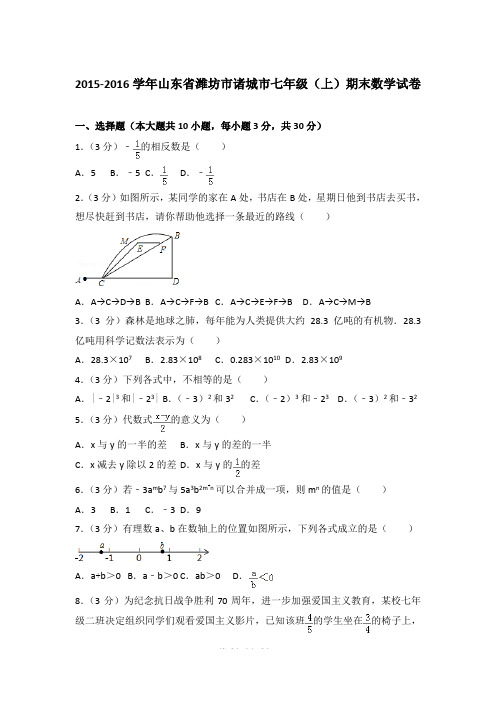 【精品】2015-2016年山东省潍坊市诸城市初一上学期数学期末试卷含解析答案