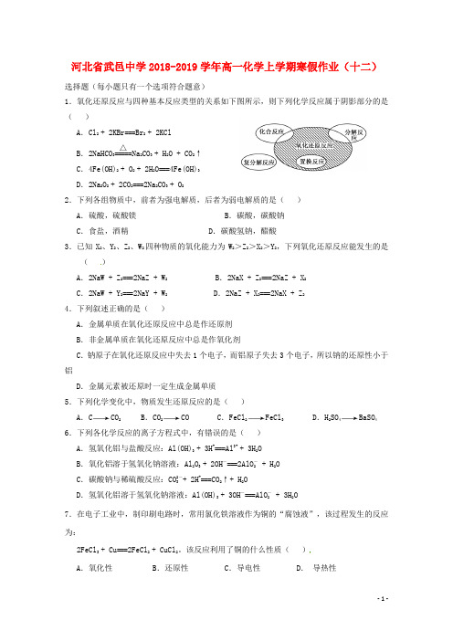 河北省武邑中学2018_2019学年高一化学上学期寒假作业(十二)(含参考答案)