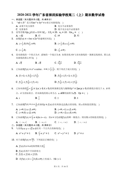 2020-2021学年广东省深圳实验学校高二(上)期末数学试卷