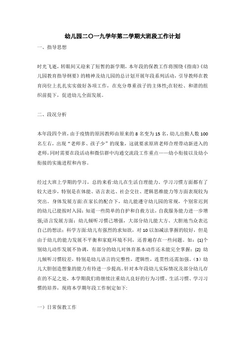 幼儿园二〇一九学年第二学期大班段工作计划
