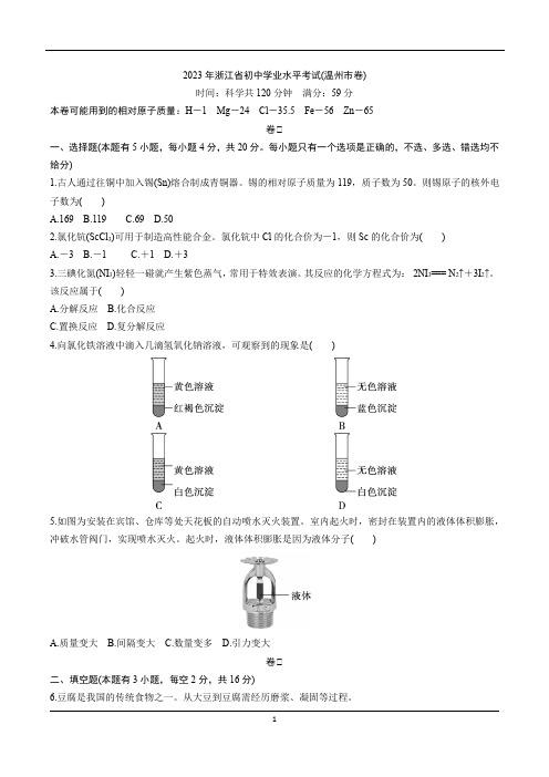 2023年温州市中考化学真题