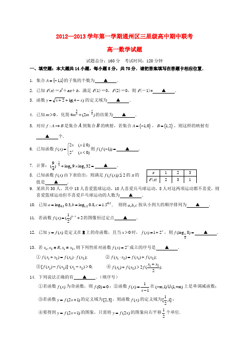 江苏省南通市通州区20122013学年高一数学上学期期中联考试题苏教版.doc