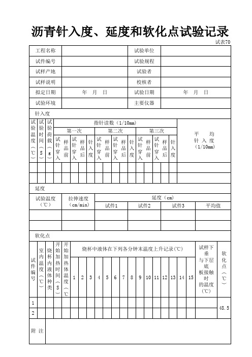 70沥青针入度、延度和软化点试验记录