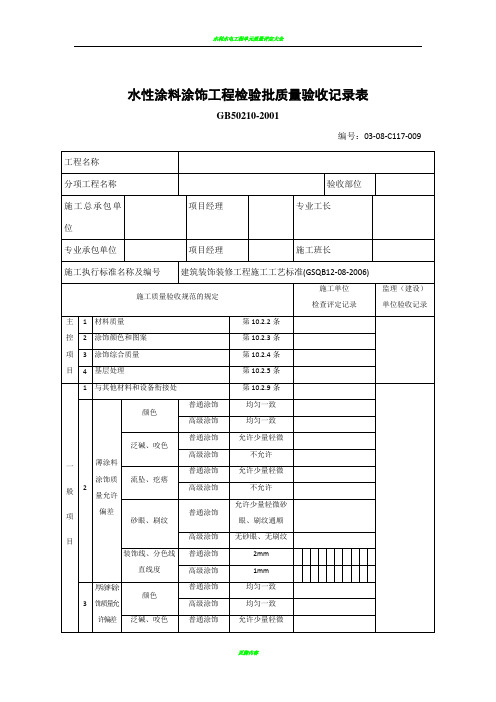 水性涂料涂饰工程检验批质量验收记录表