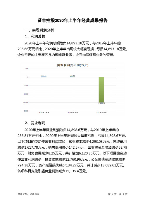 贤丰控股2020年上半年经营成果报告