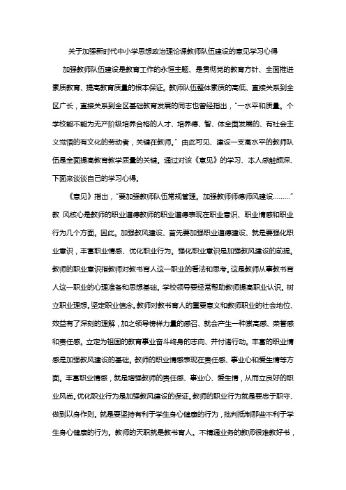 关于加强新时代中小学思想政治理论课教师队伍建设的意见学习心得