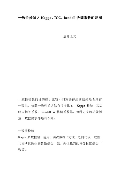 一致性检验之Kappa、ICC、kendall协调系数的差别