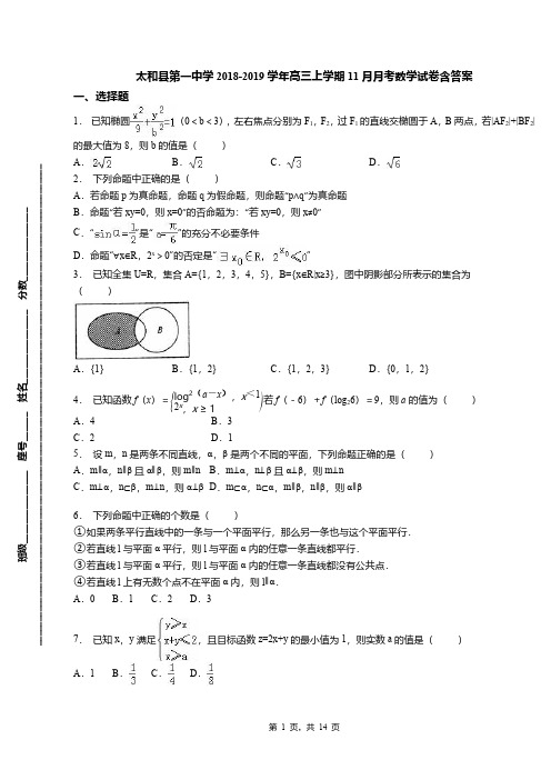 太和县第一中学2018-2019学年高三上学期11月月考数学试卷含答案