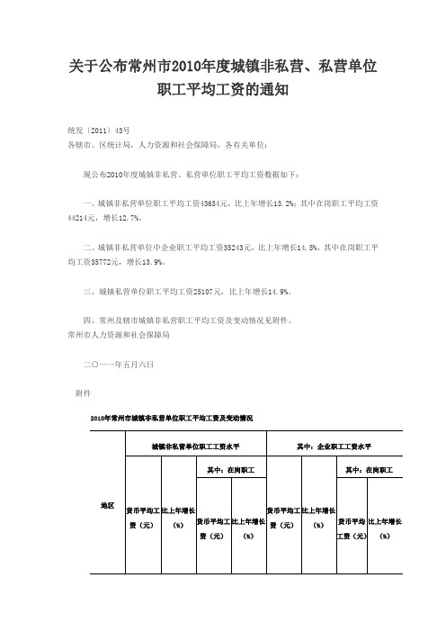 2010年度常州年度平均工资