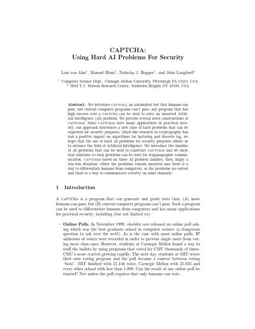 CAPTCHA Using Hard AI Problems For Security