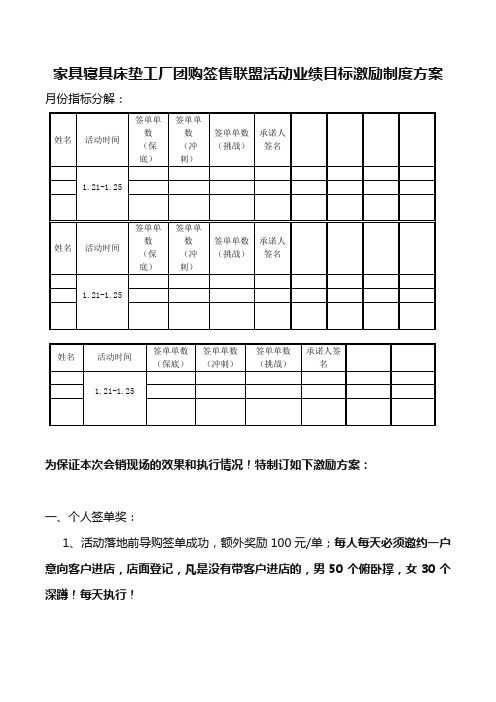 家具寝具床垫工厂团购签售联盟活动业绩目标激励制度方案