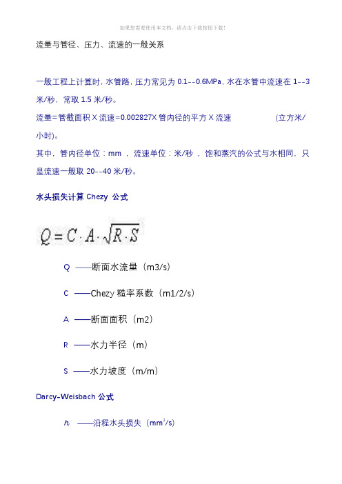 对照表之水泵管径流速流量