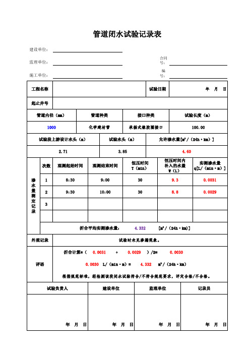 《闭水试验excel自动计算表》化学建材管和钢筋混凝土管 管道内径  允许渗水量 试验段上游设计水头
